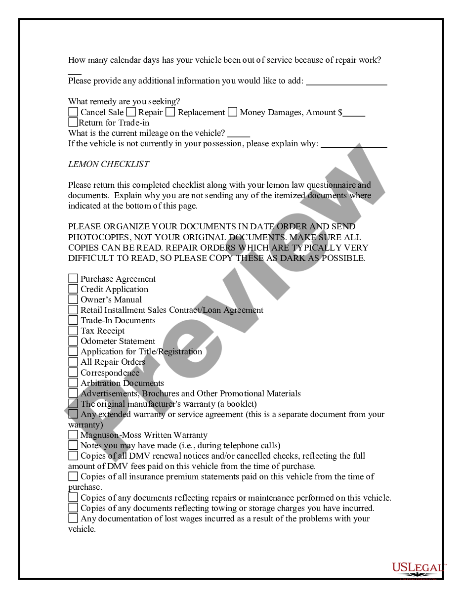 page 2 Automobile Lemon Law Questionnaire preview