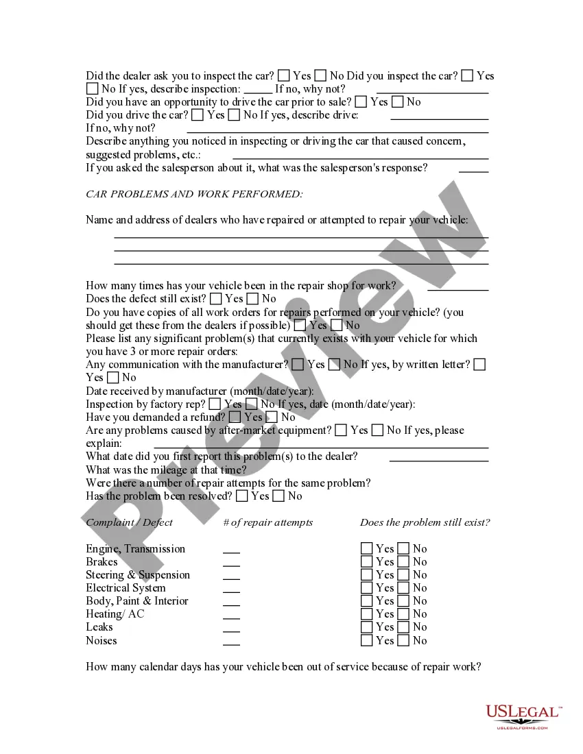 Get Automobile Lemon Law Questionnaire Preview Automobile Lemon Law Questionnaire