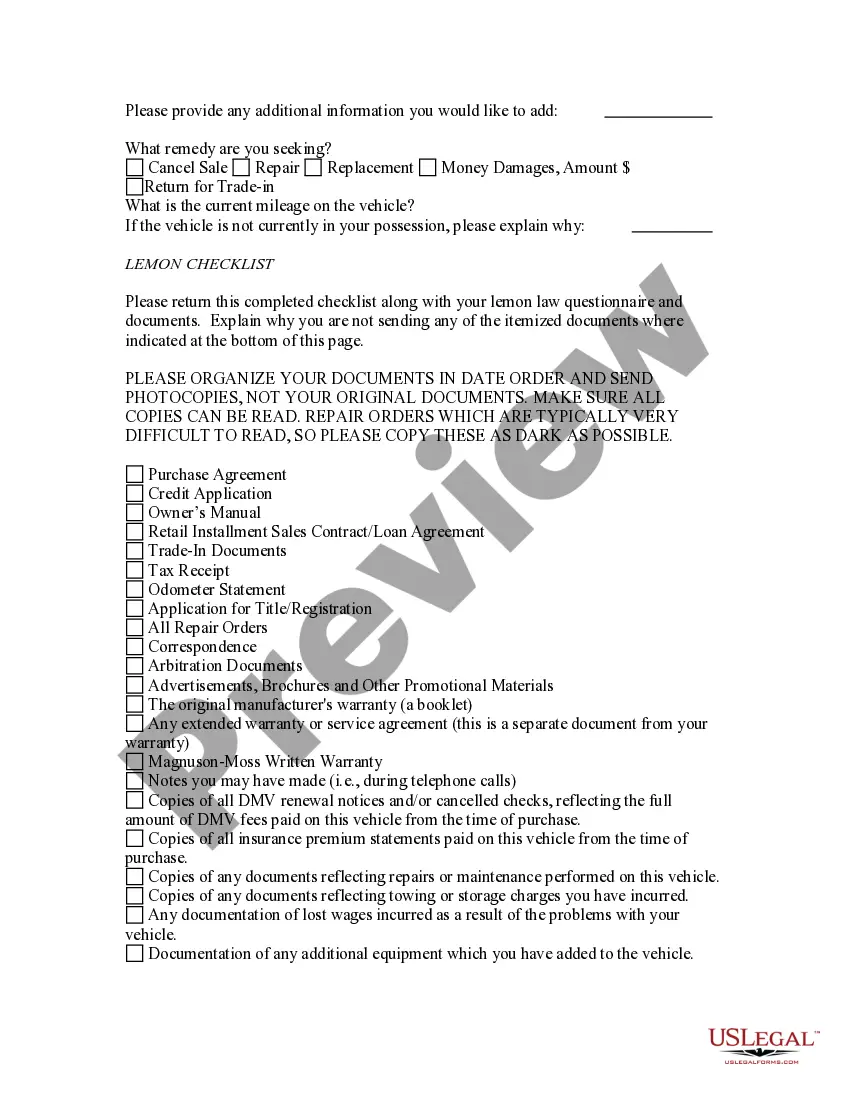 Get Automobile Lemon Law Questionnaire Preview Automobile Lemon Law Questionnaire