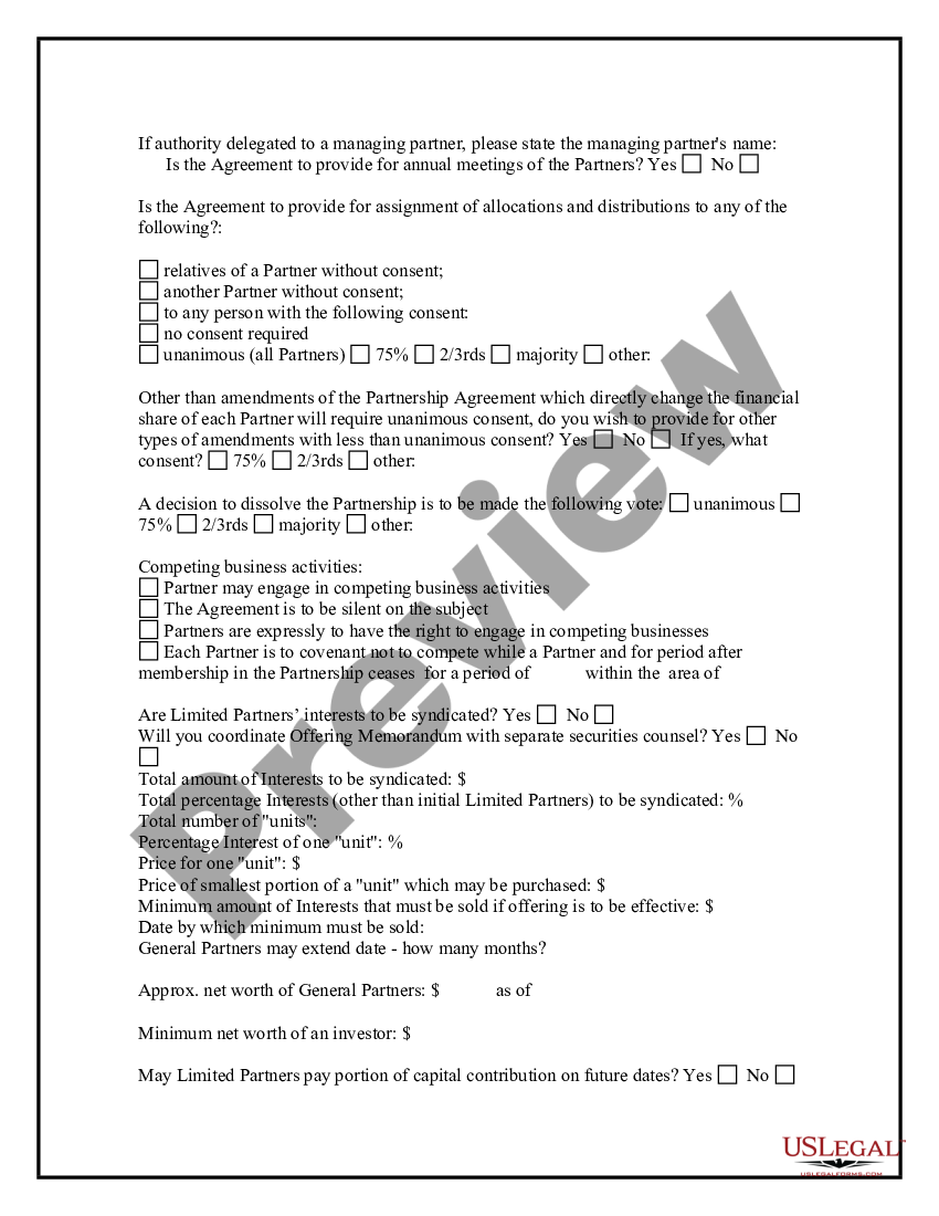 Illinois Limited Partnership Formation Questionnaire Limited Partnership Us Legal Forms