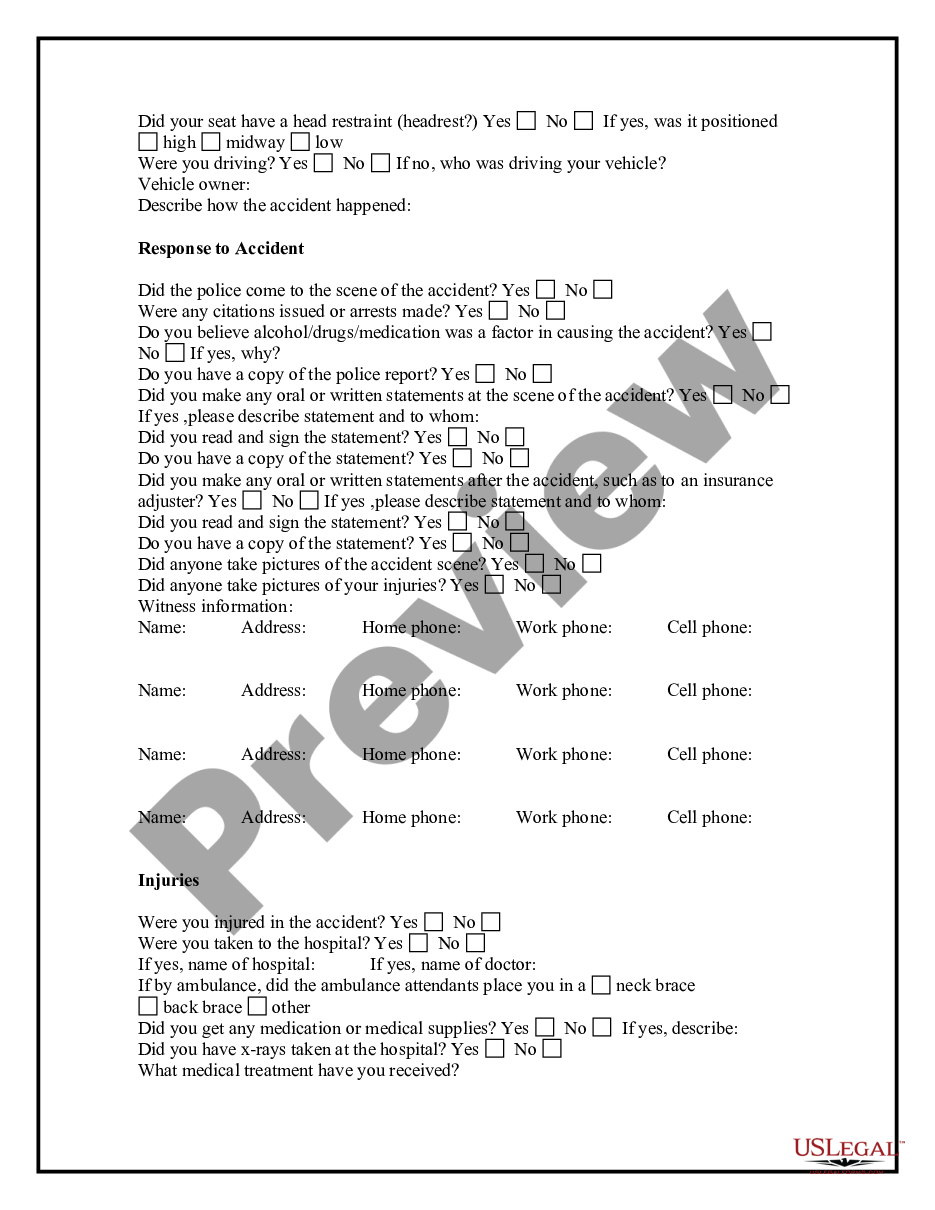 page 1 Motor Vehicle Accident Questionnaire preview