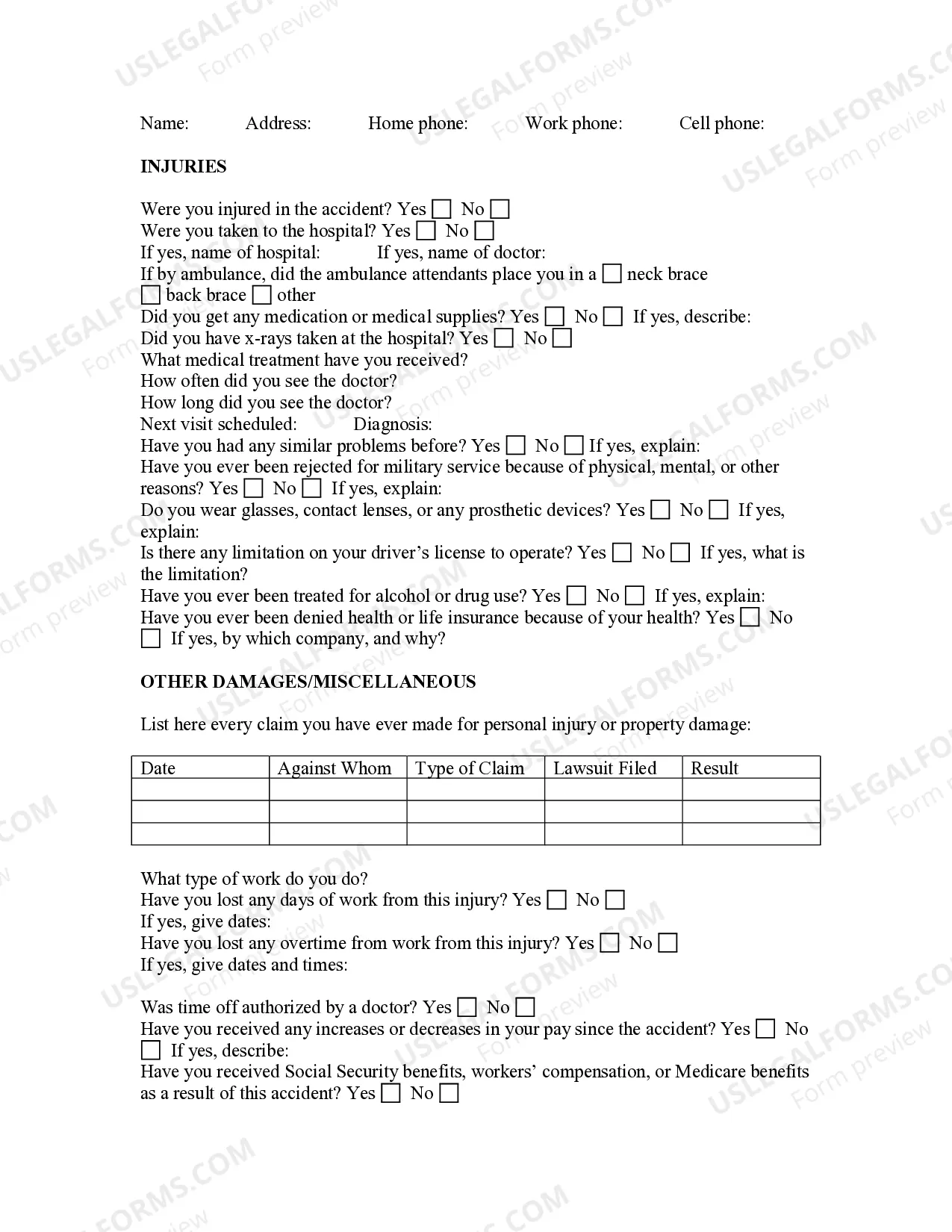 Preview Negligence and Personal Injury Questionnaire