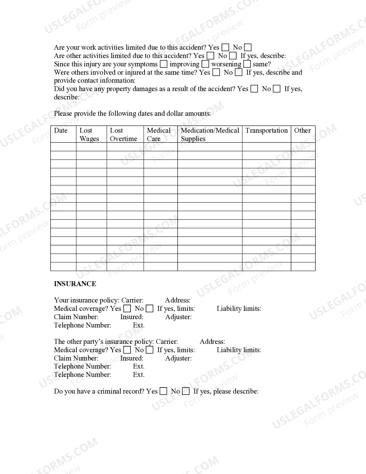 Preview Negligence and Personal Injury Questionnaire