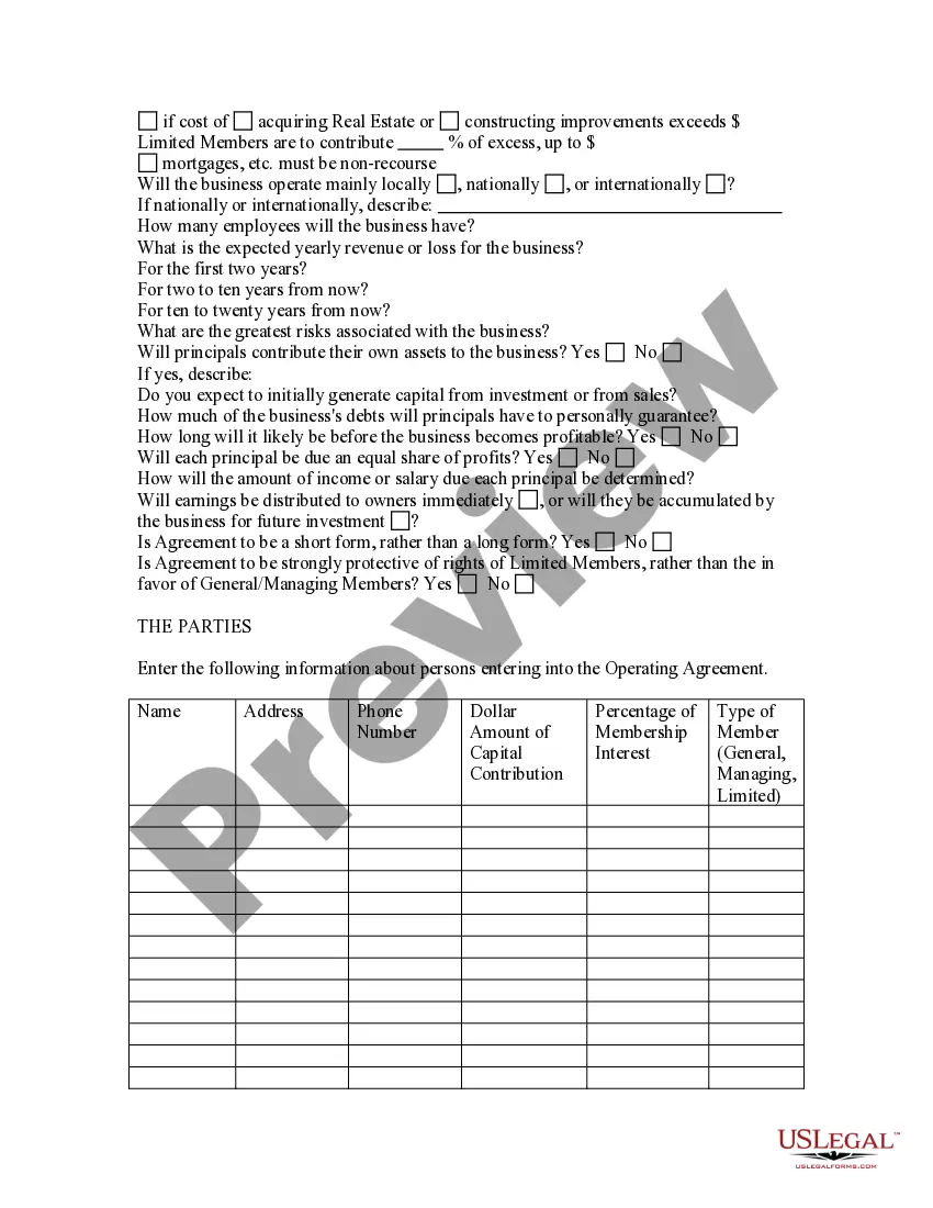 Preview Professional Limited Liability Company - PLLC - Formation Questionnaire