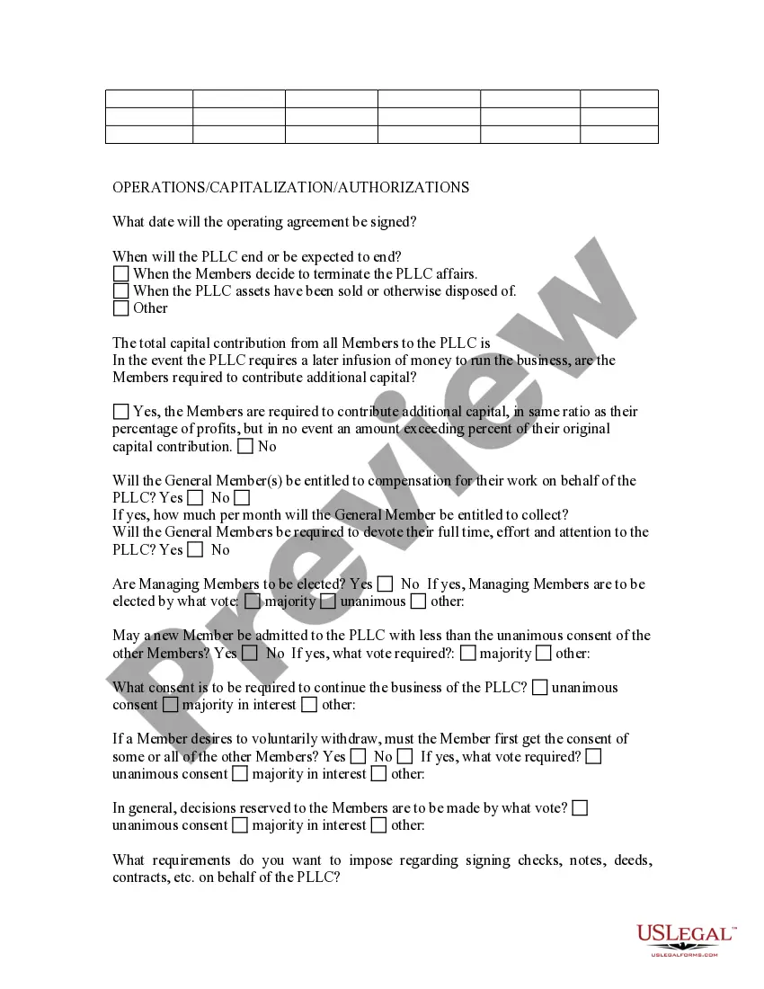 Preview Professional Limited Liability Company - PLLC - Formation Questionnaire