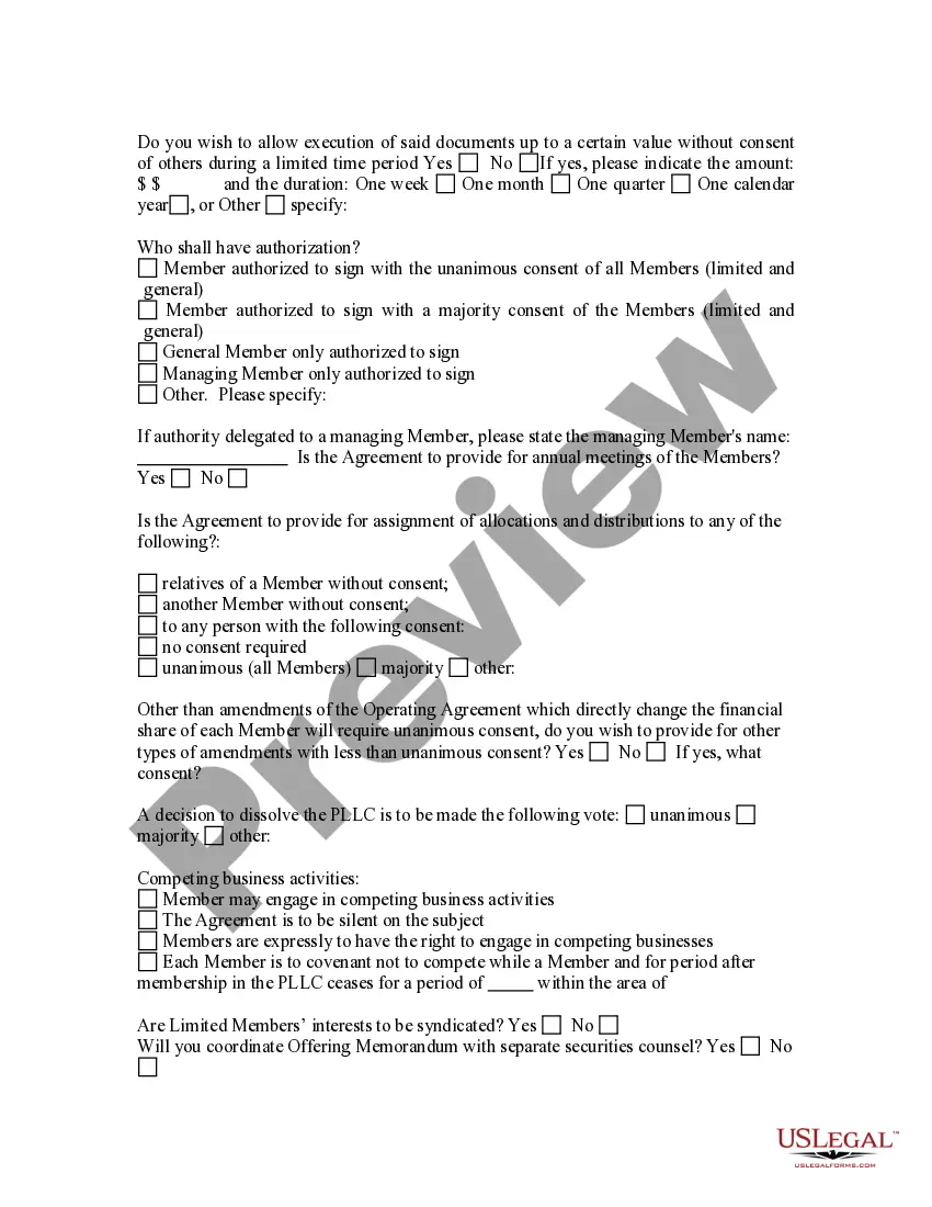 Preview Professional Limited Liability Company - PLLC - Formation Questionnaire