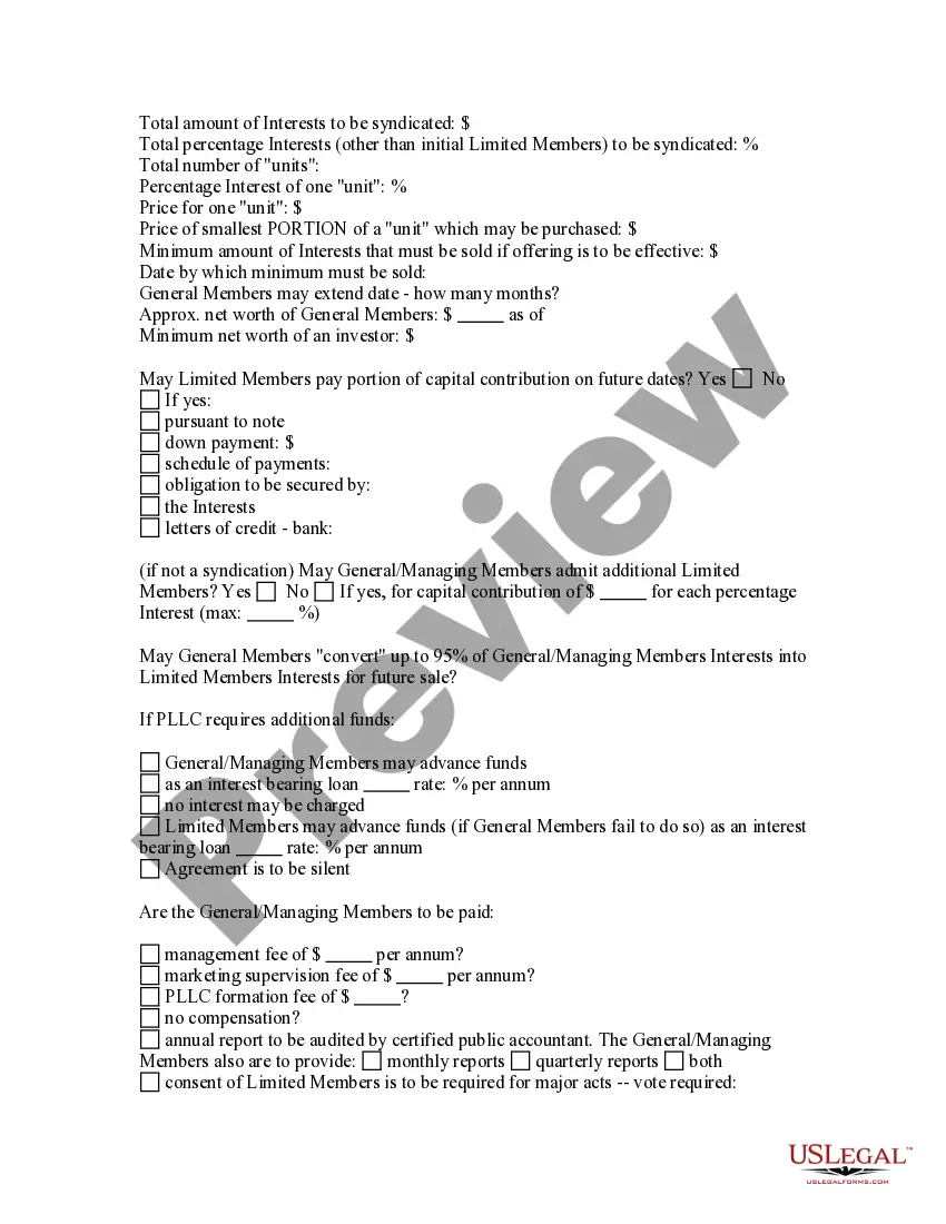 Preview Professional Limited Liability Company - PLLC - Formation Questionnaire