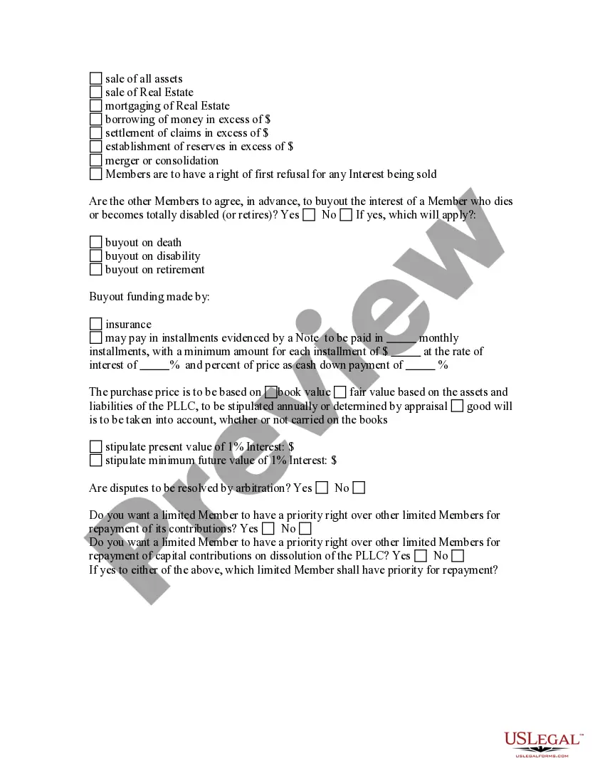Preview Professional Limited Liability Company - PLLC - Formation Questionnaire