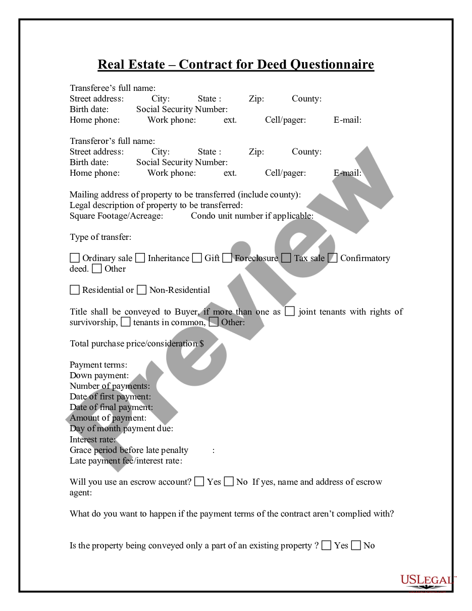 page 0 Contract for Deed Questionnaire preview