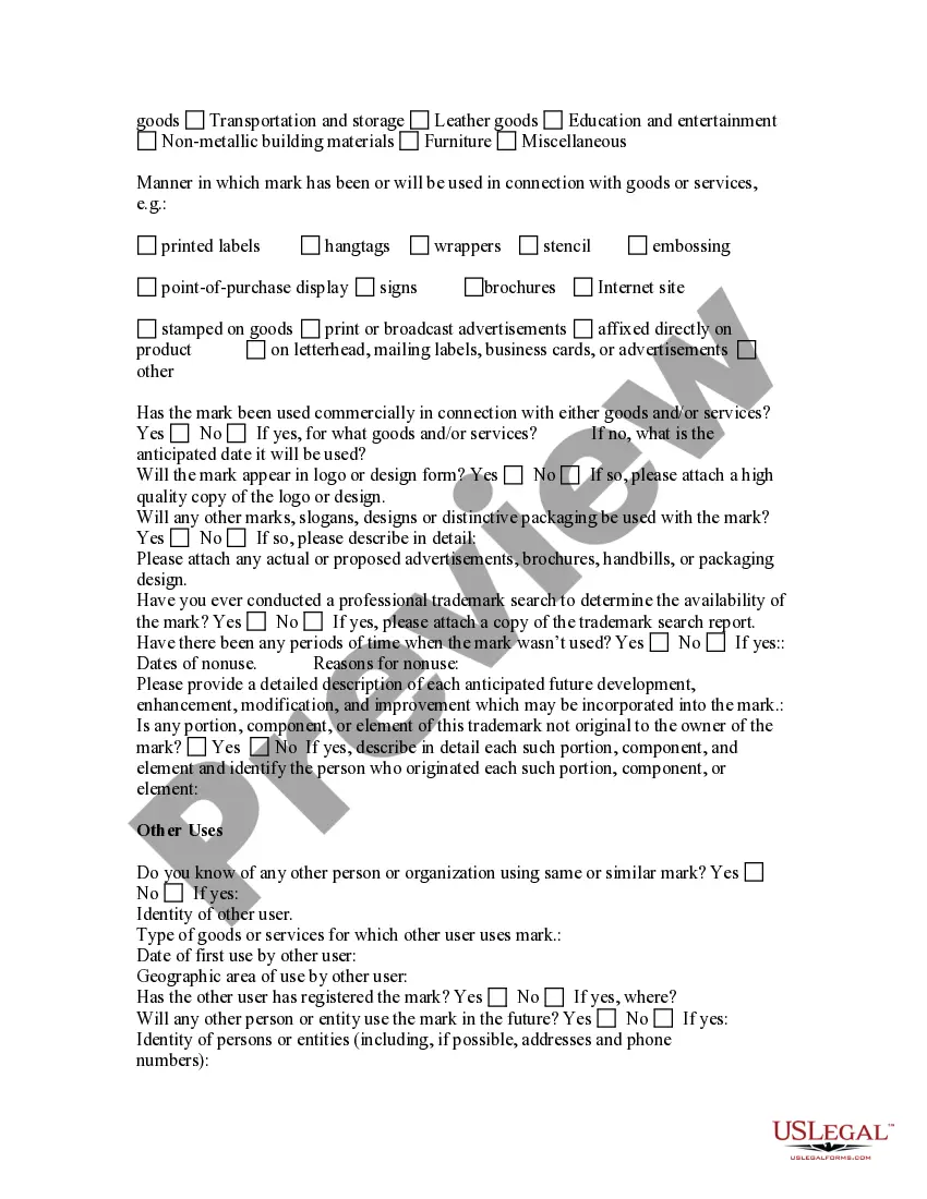 Get Trademark or Servicemark Questionnaire Preview Trademark or Servicemark Questionnaire