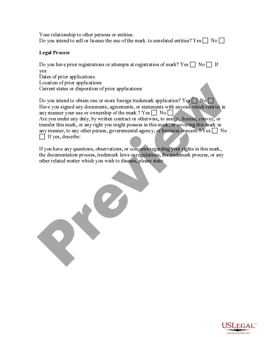 Get Trademark or Servicemark Questionnaire Preview Trademark or Servicemark Questionnaire