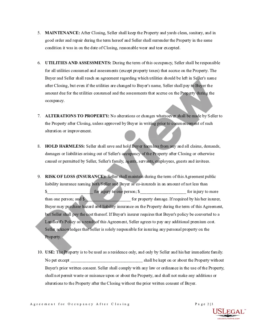 Preview Agreement for Occupancy After Closing: by Seller