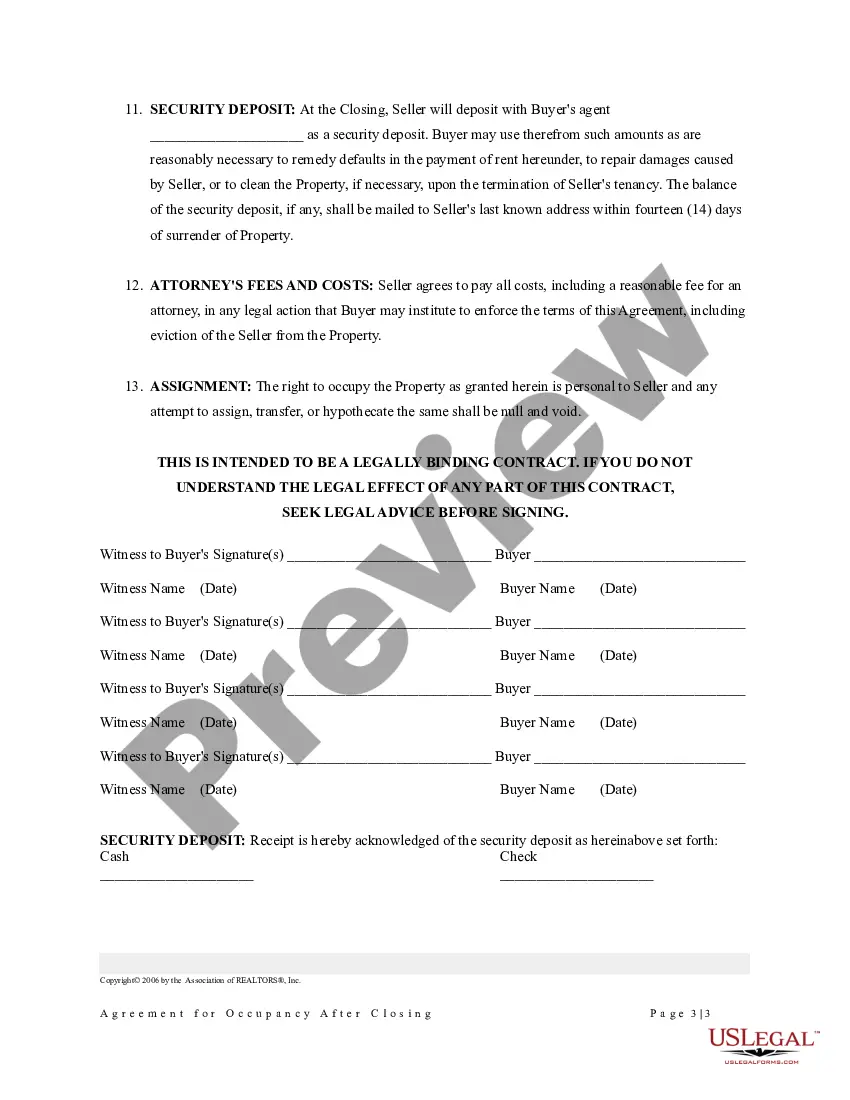 Preview Agreement for Occupancy After Closing: by Seller