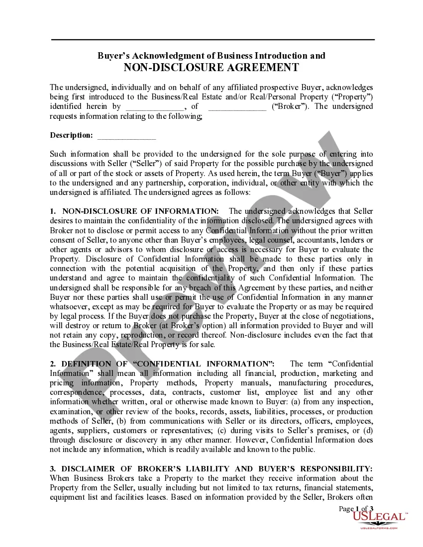 Preview Buyer's Acknowledgment of Business Introduction and Non-Disclosure Agreement