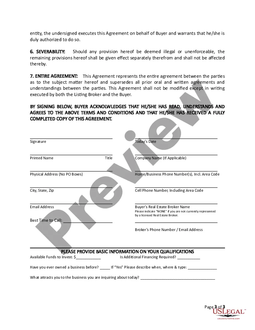 Preview Buyer's Acknowledgment of Business Introduction and Non-Disclosure Agreement