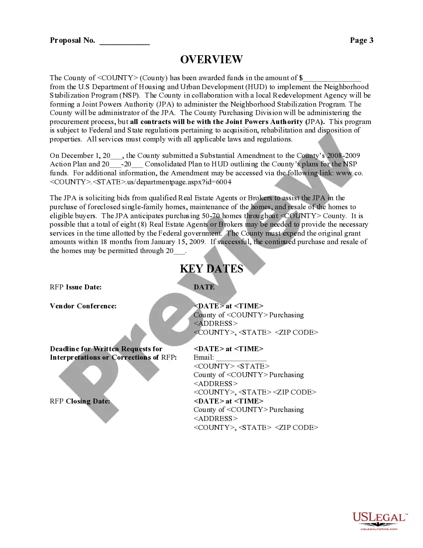 Preview Request for Proposal: Real Estate Agent/Broker Services for Neighborhood Stabilization Program