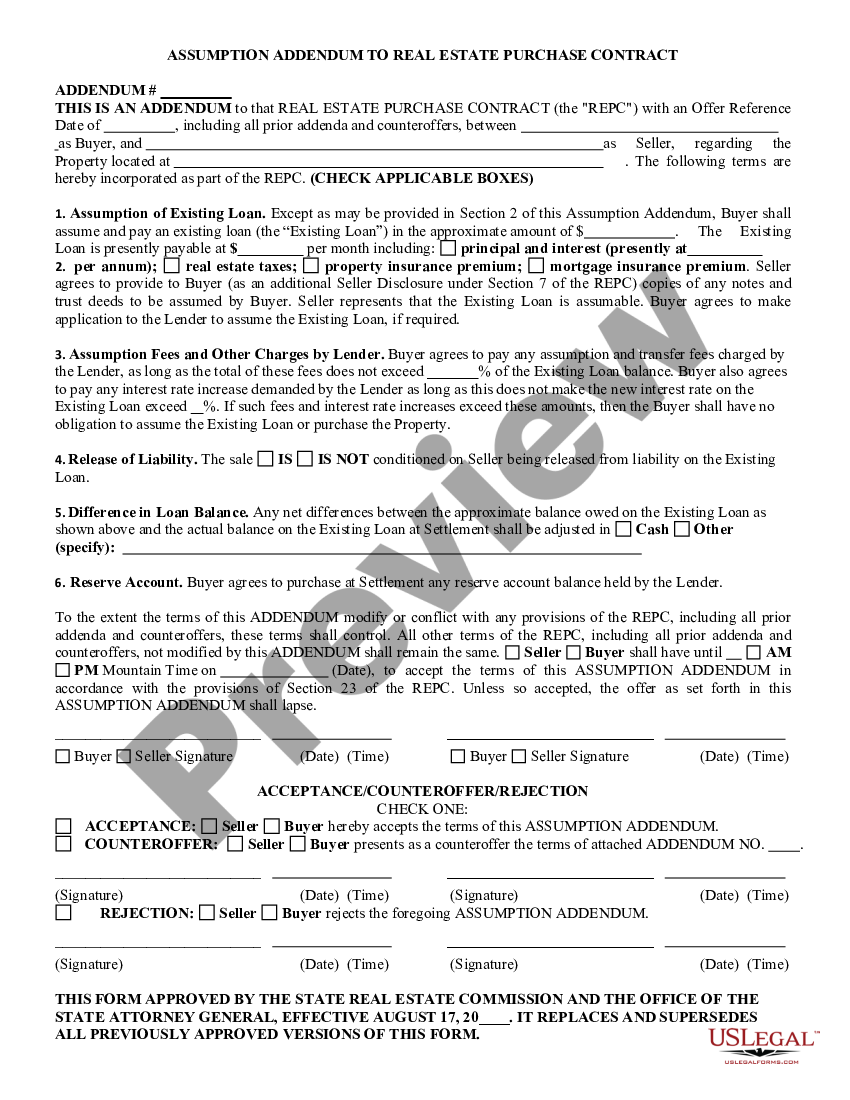 Assumption Addendum To Real Estate Purchase Contract Us Legal Forms 