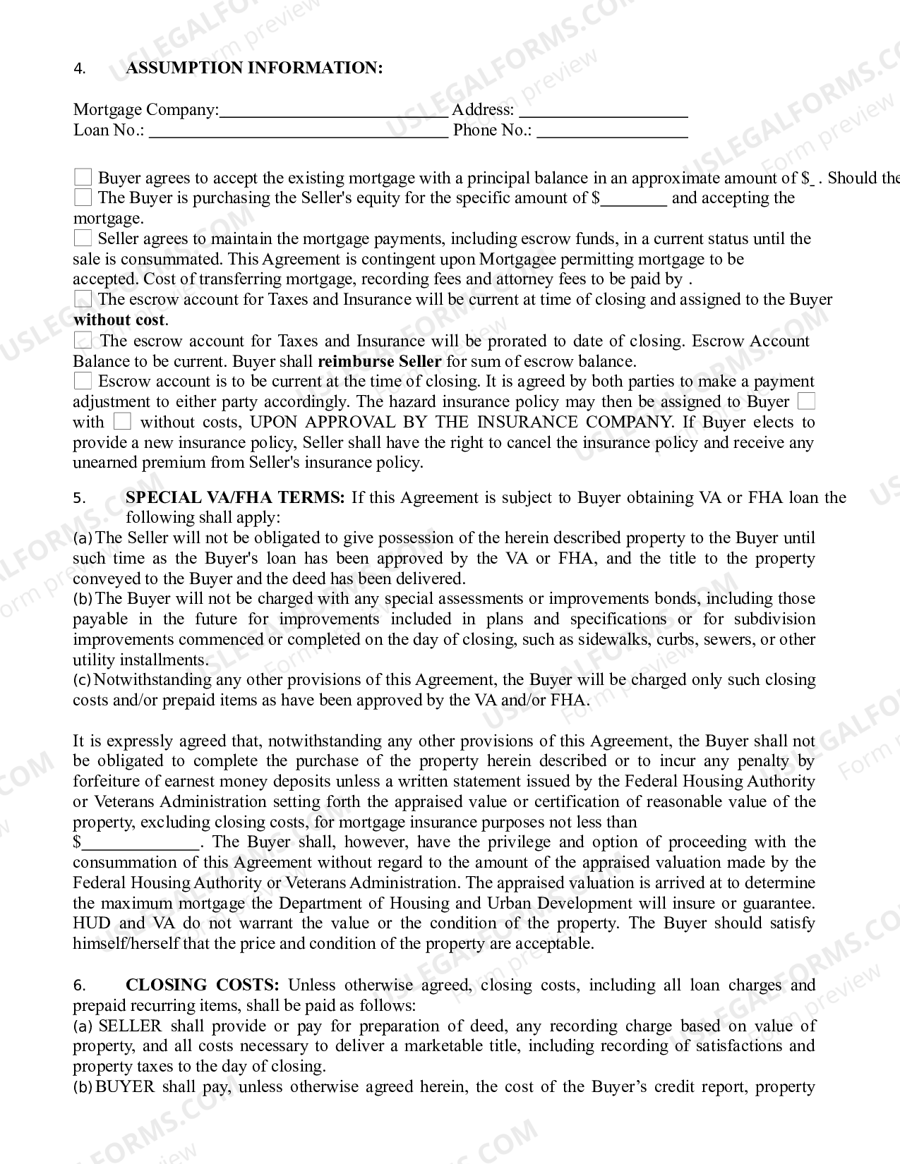 Agreement to Buy and Sell Real Estate Assumption of Mortgage US Legal Forms