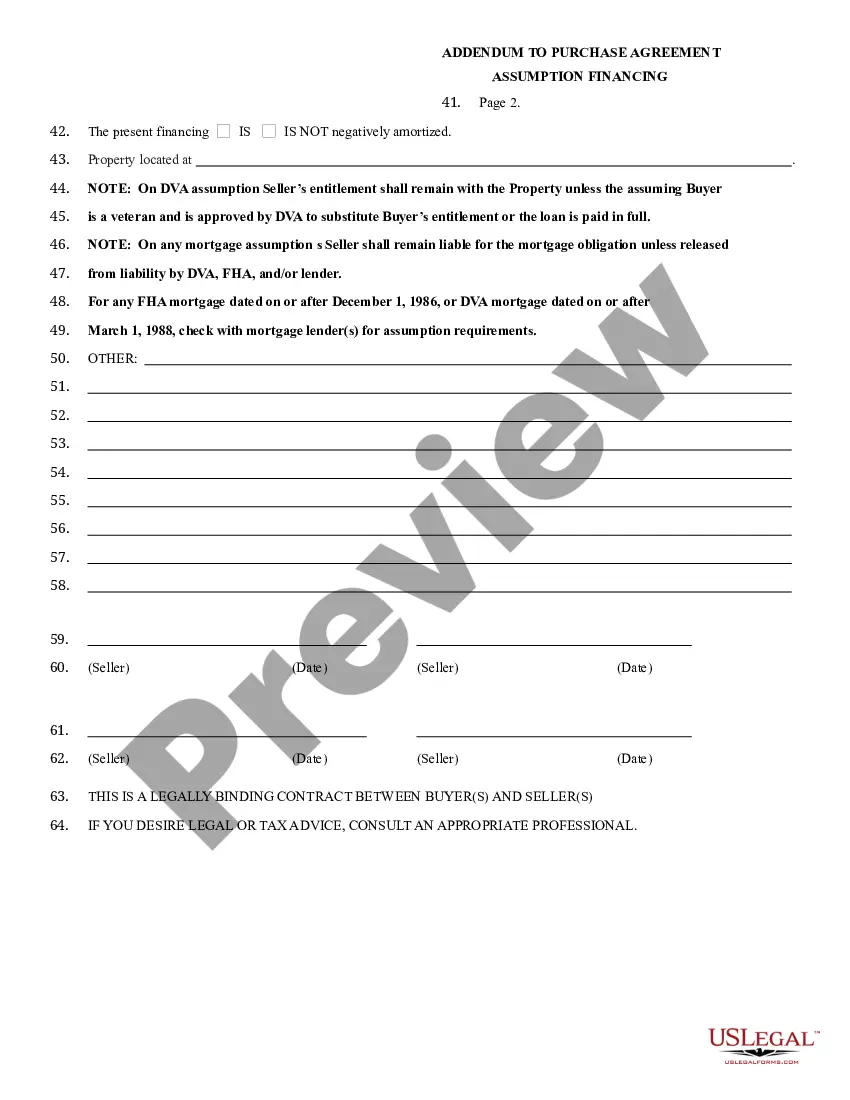 Get Addendum to Purchase Agreement - Assumption Financing Preview Addendum to Purchase Agreement - Assumption Financing