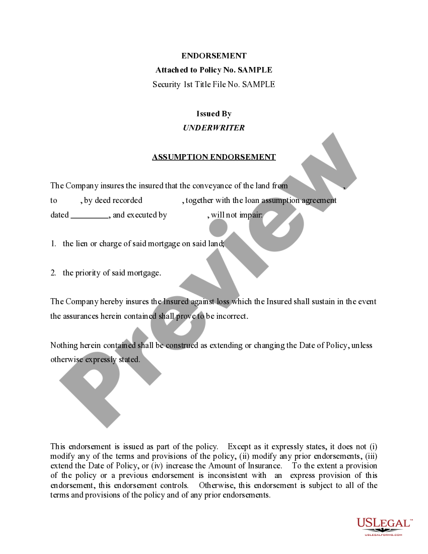 Assumption Endorsement Issued by Underwriter US Legal Forms