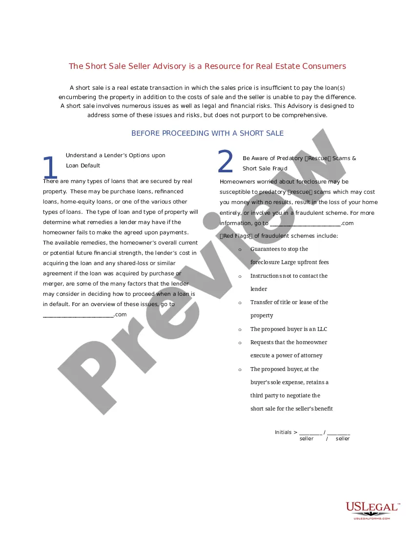 Preview Short Sale Seller Advisory Information