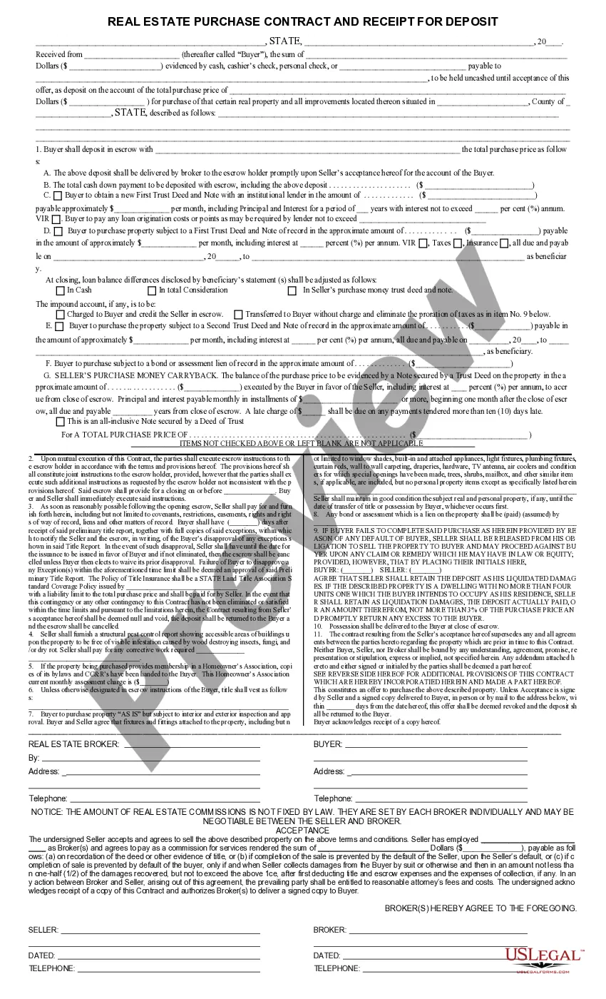 Preview Real Estate Purchase Contract and Receipt for Deposit