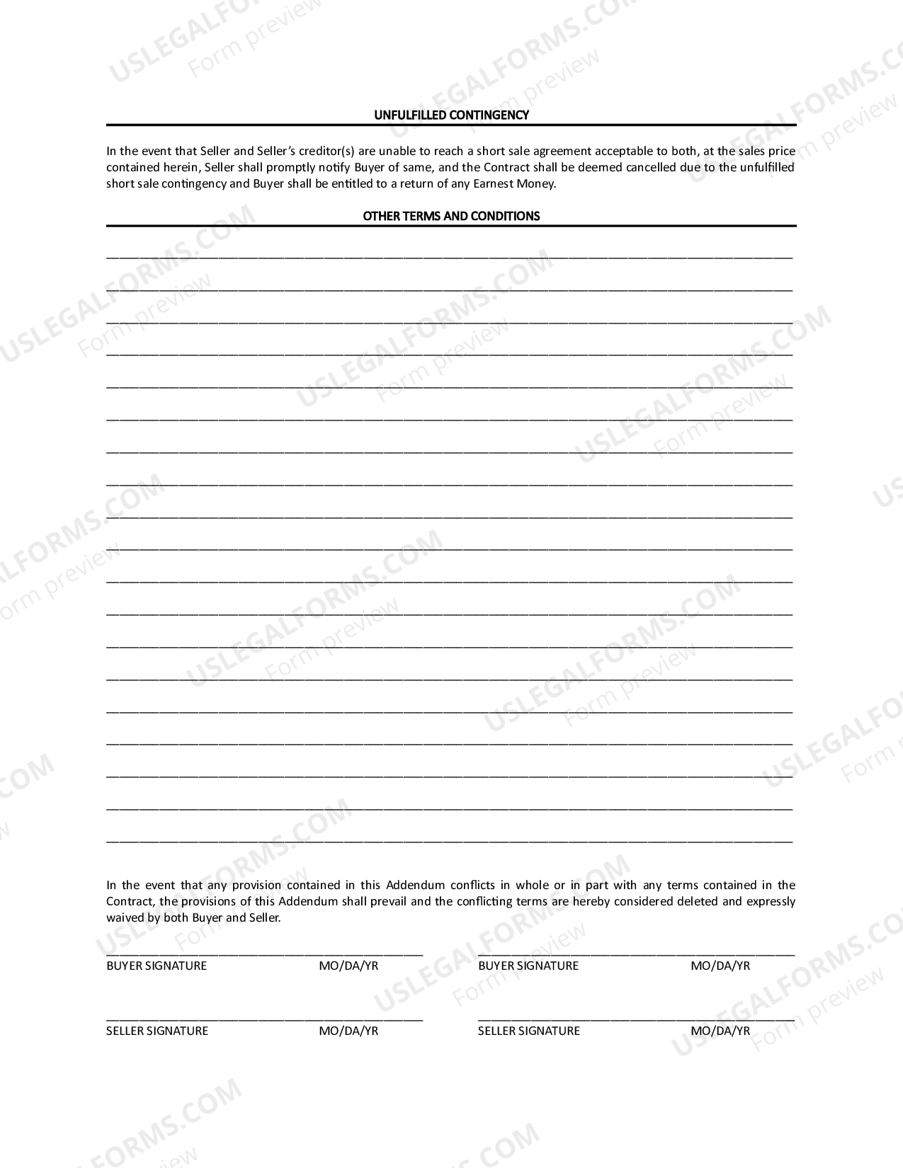 Short Sale Addendum to Contract to Buy and Sell Real Estate US Legal