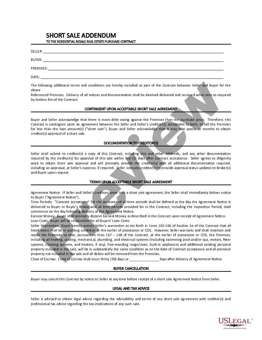 Get Short Sale Addendum to Contract to Buy and Sell Real Estate Preview Short Sale Addendum to Contract to Buy and Sell Real Estate
