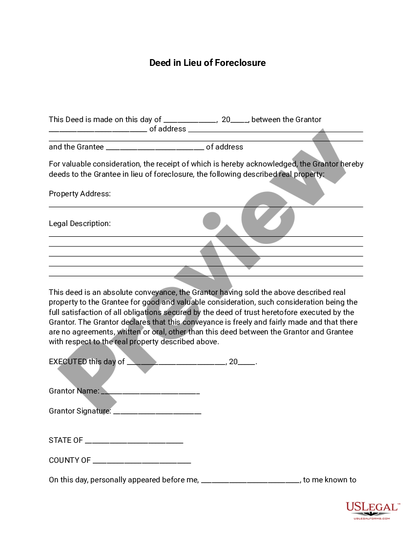 Basic Deed in Lieu of Foreclosure US Legal Forms