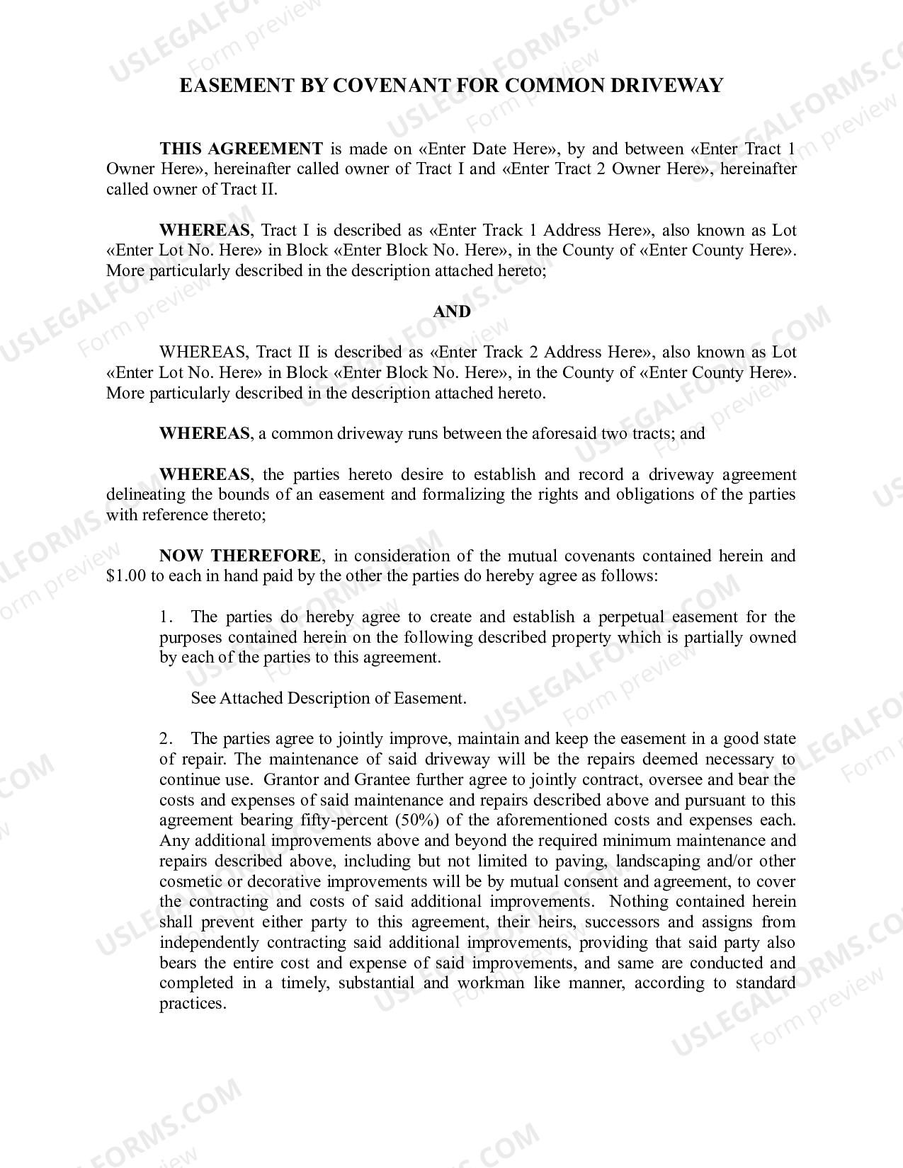 Easement by Covenant for Common Driveway US Legal Forms