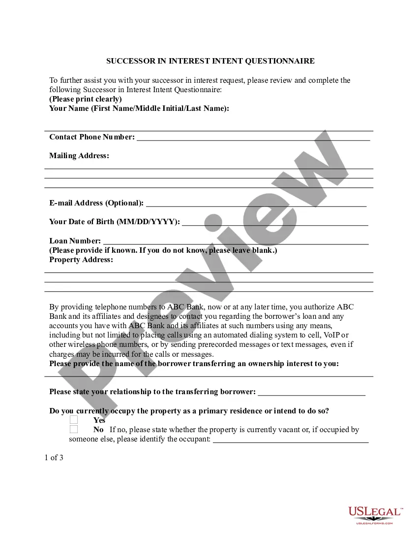 Preview Successor In Interest Intent Questionnaire