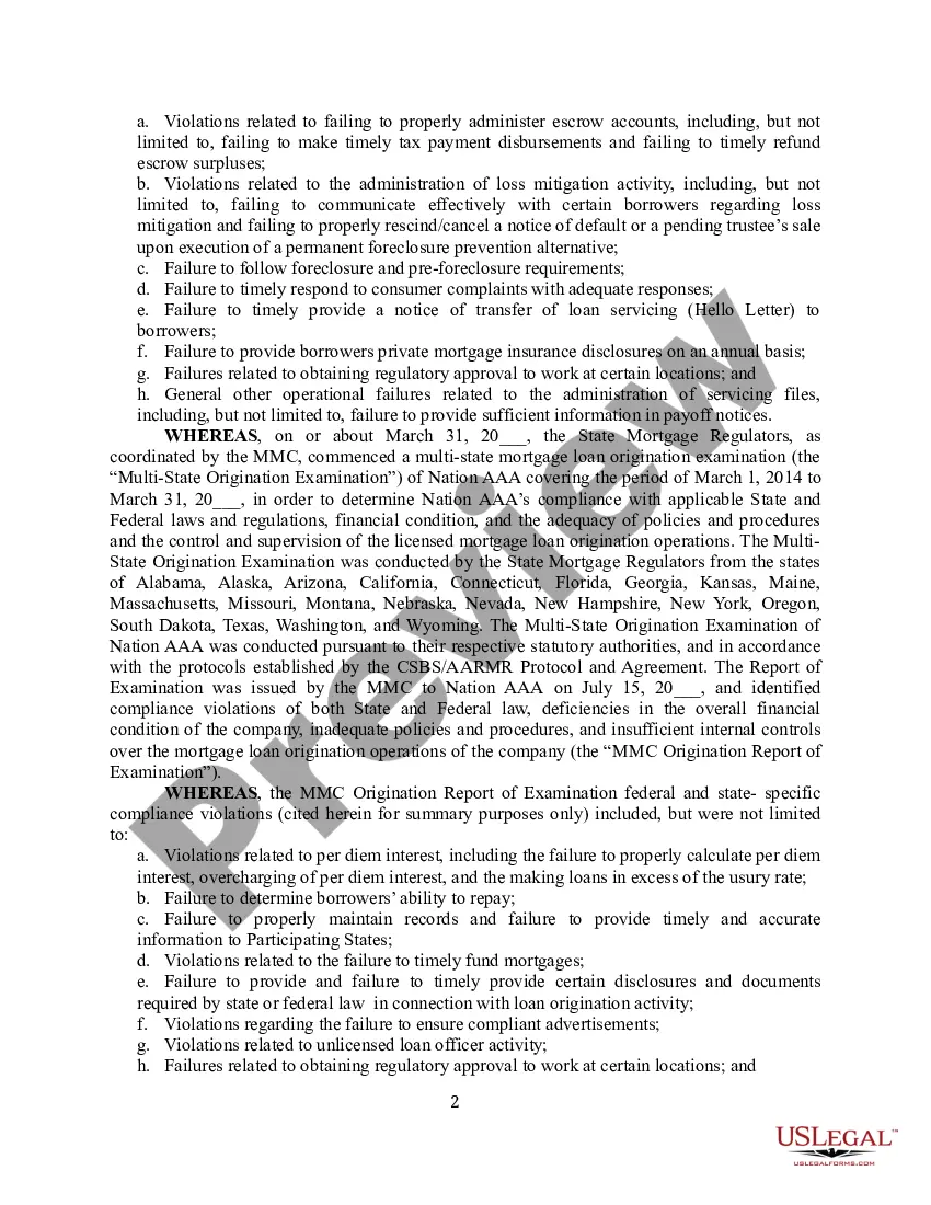 Preview Settlement Agreement and Consent Order for Mortgage Company