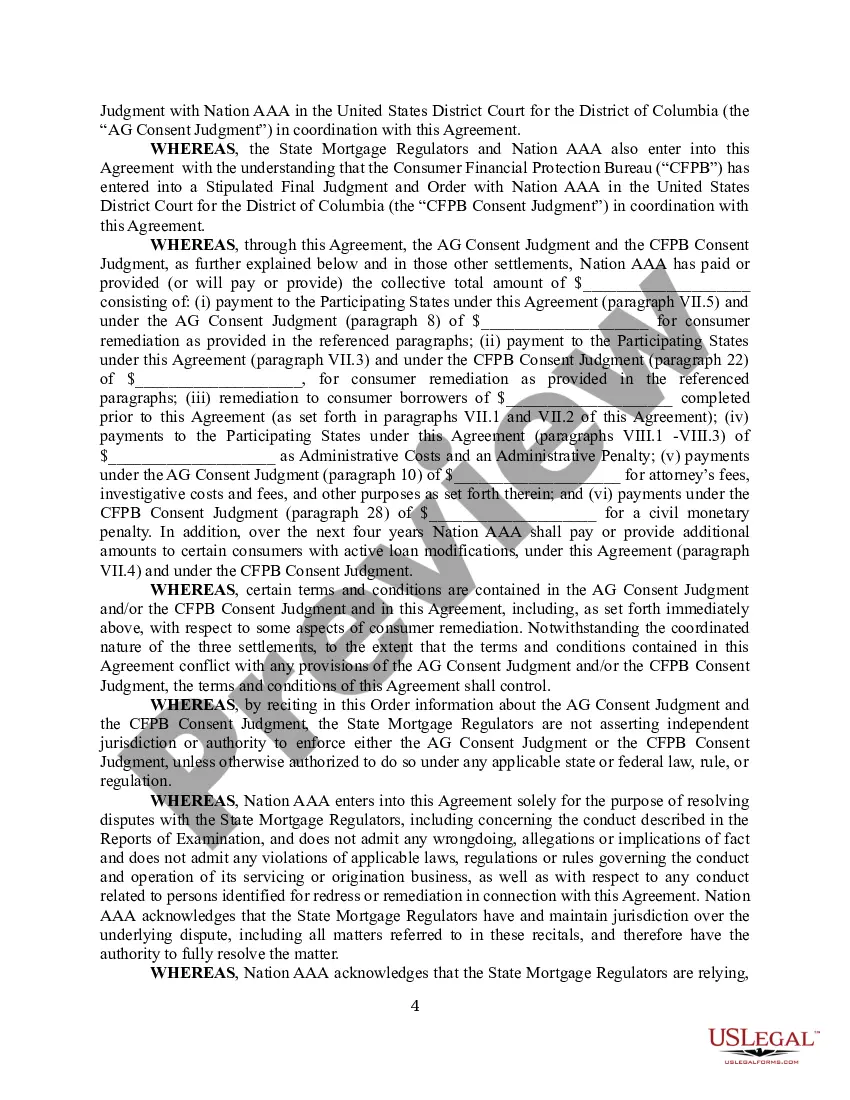 Preview Settlement Agreement and Consent Order for Mortgage Company