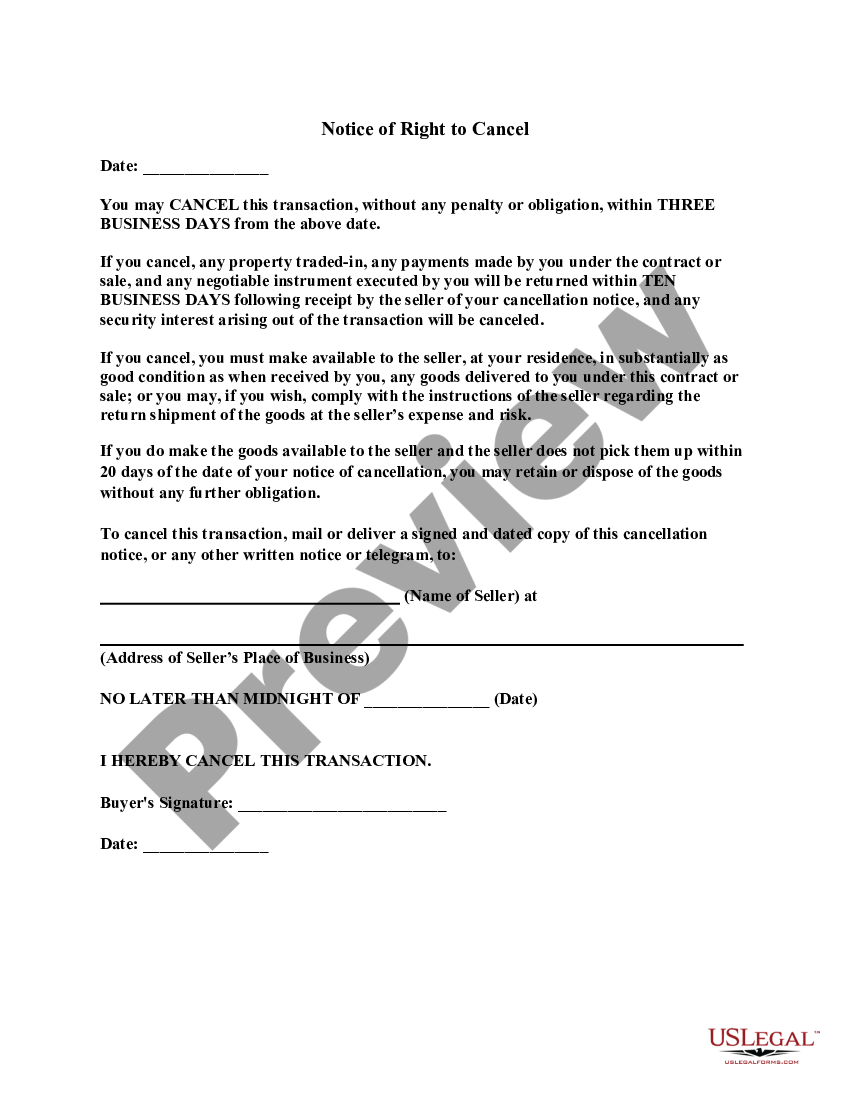 Notice of Right to Cancel US Legal Forms