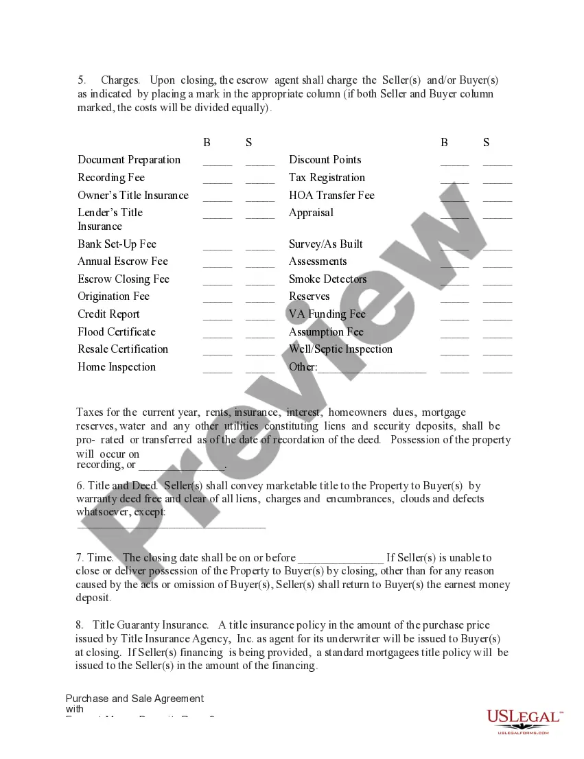 Preview For Sale by Owner Purchase and Sale Agreement with Earnest Money Deposit