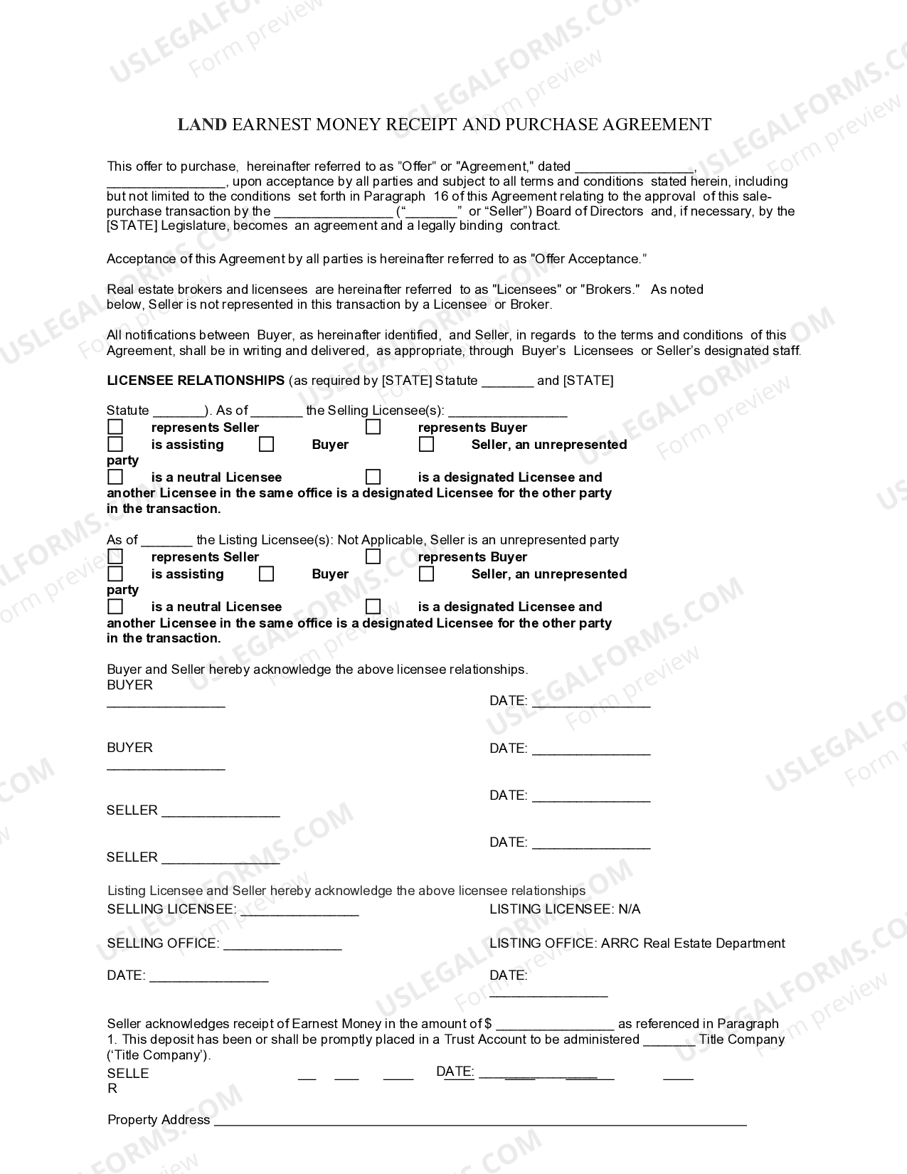 Land Earnest Money Receipt and Purchase Agreement | US Legal Forms