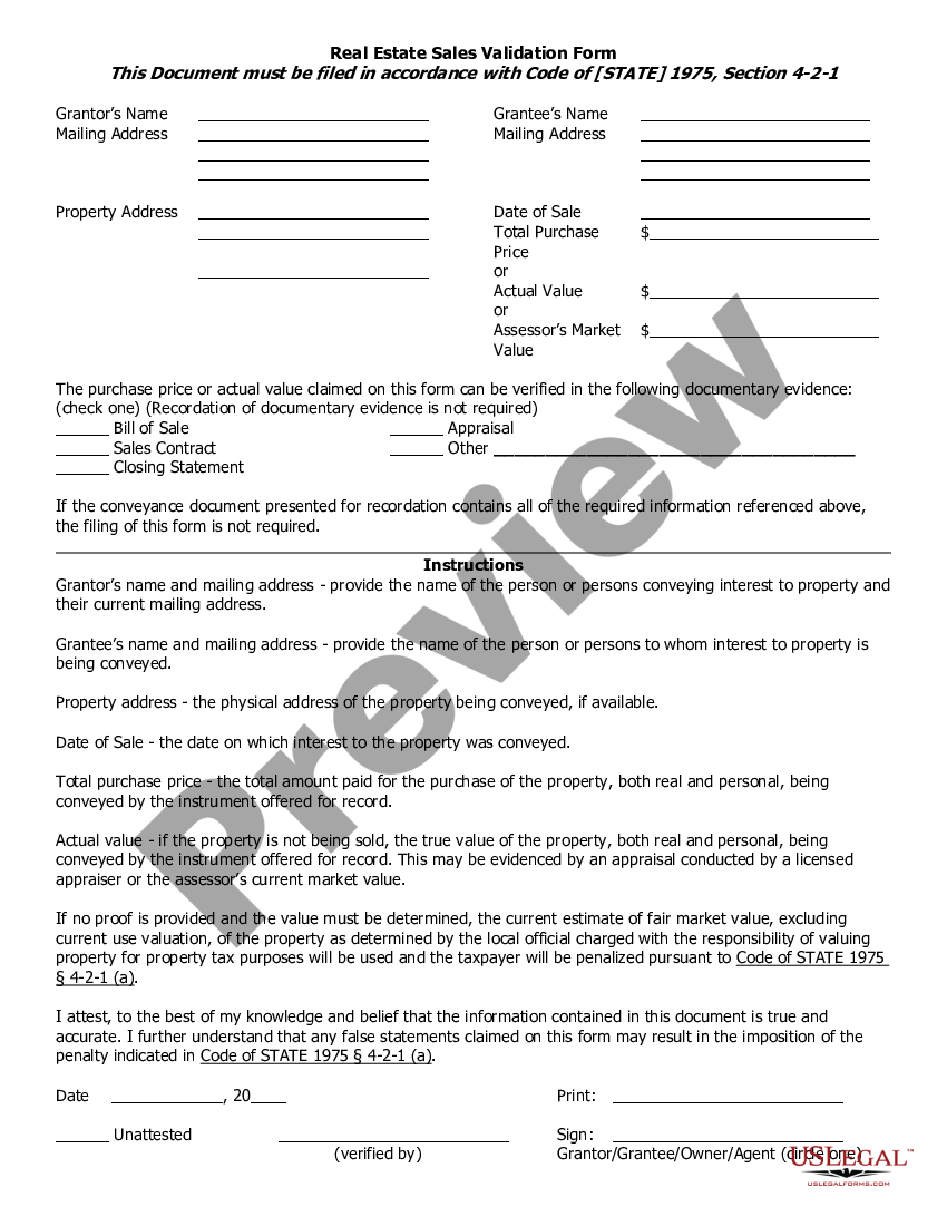 Real Estate Sales Validation Form US Legal Forms