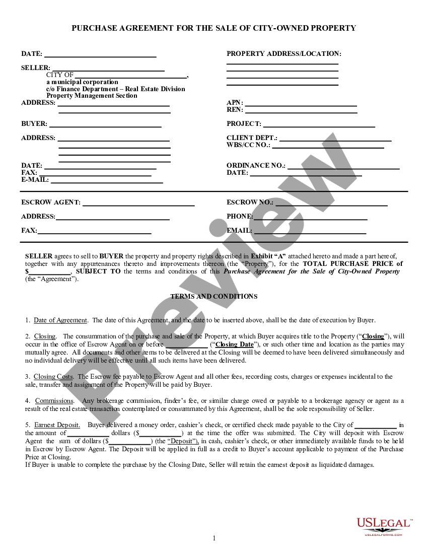 Purchase Agreement for the Sale of City Owned Property US Legal Forms