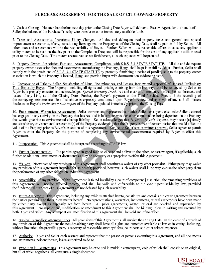 Preview Purchase Agreement for the Sale of City Owned Property
