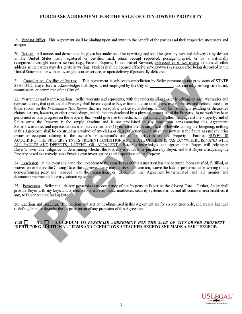 Preview Purchase Agreement for the Sale of City Owned Property