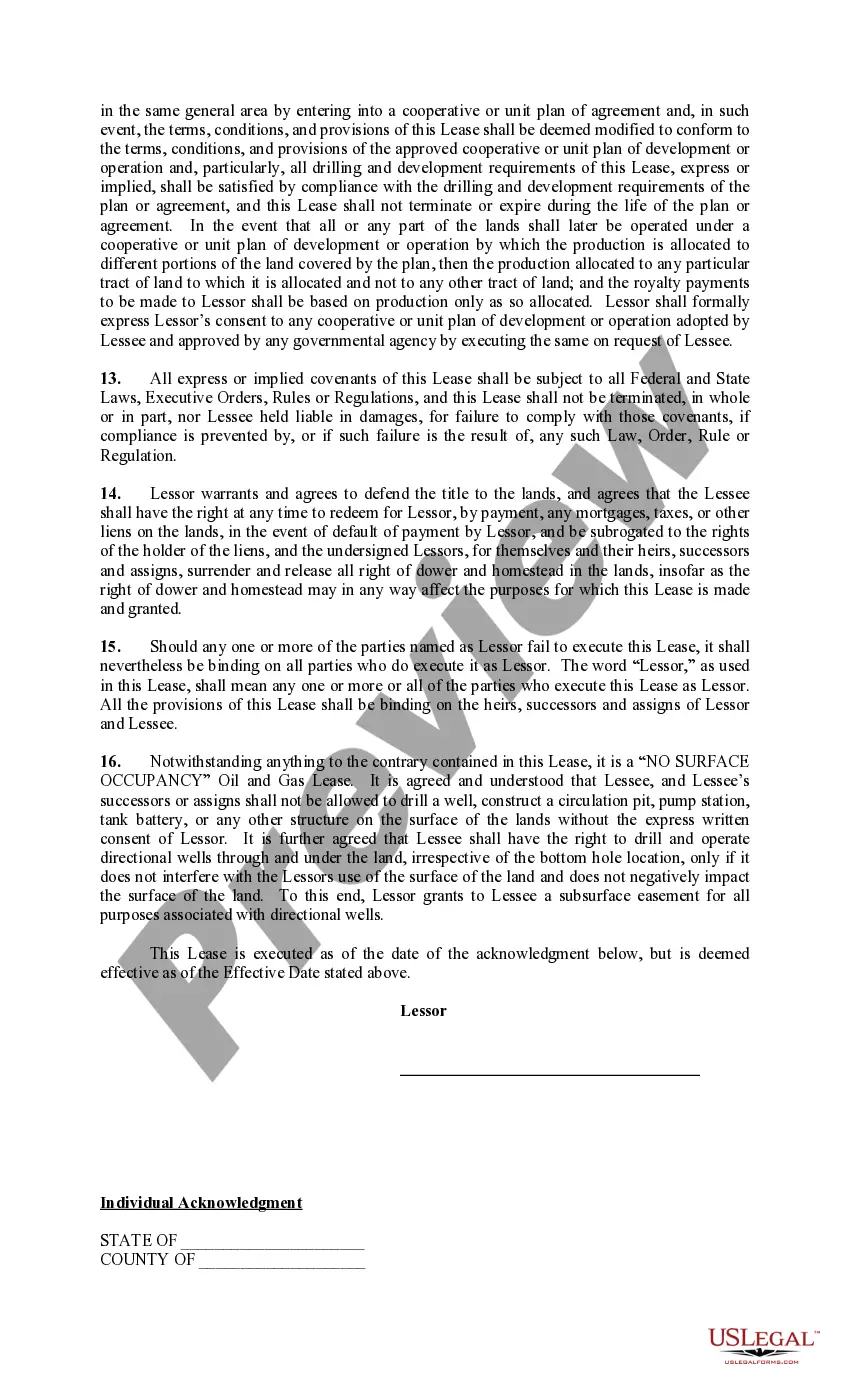 Preview Oil and Gas Lease - No Surface Occupancy - Rocky Mountain Paid Up - Form B