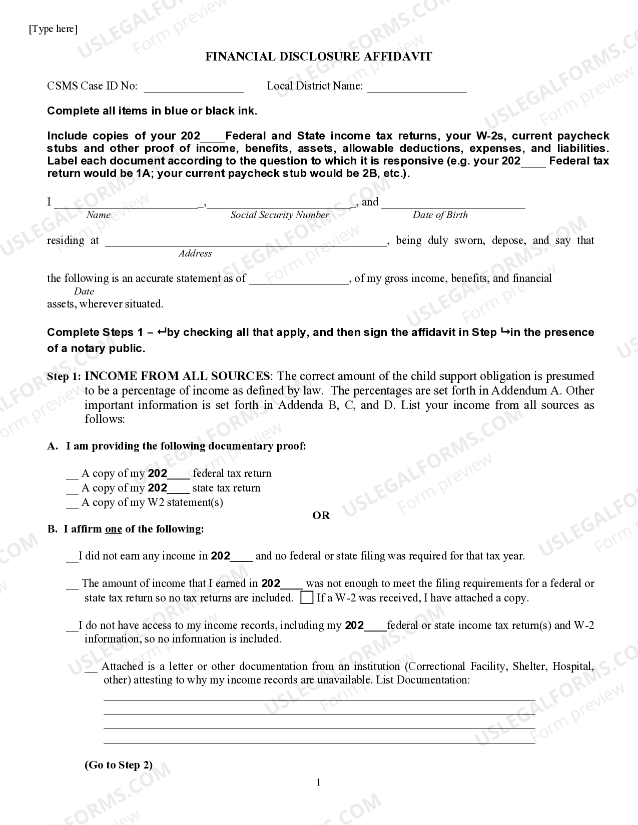 Financial Disclosure Affidavit US Legal Forms
