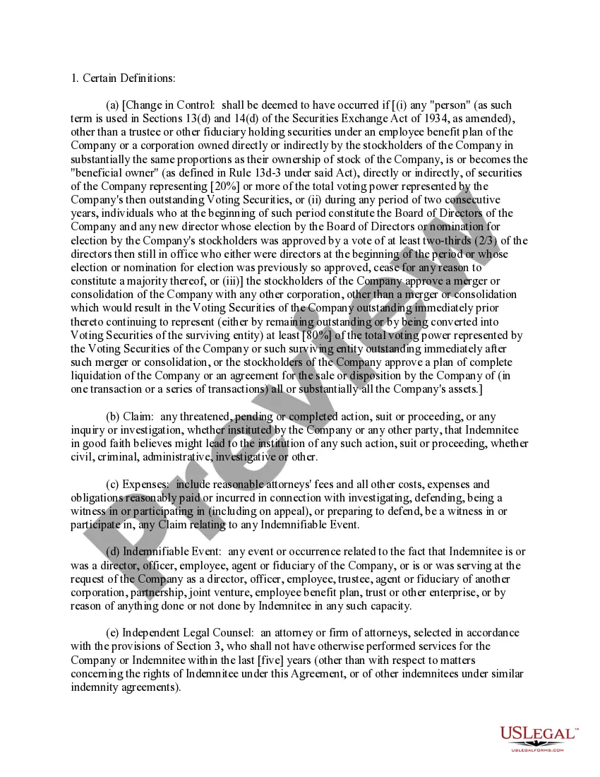 Preview Indemnification Agreement for a Delaware Corporation