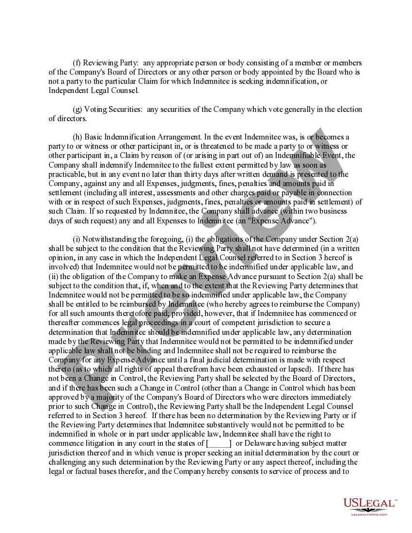 Preview Indemnification Agreement for a Delaware Corporation