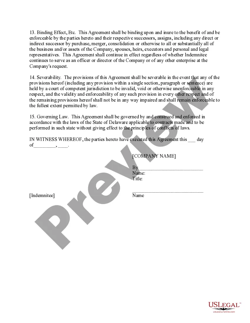 Preview Indemnification Agreement for a Delaware Corporation