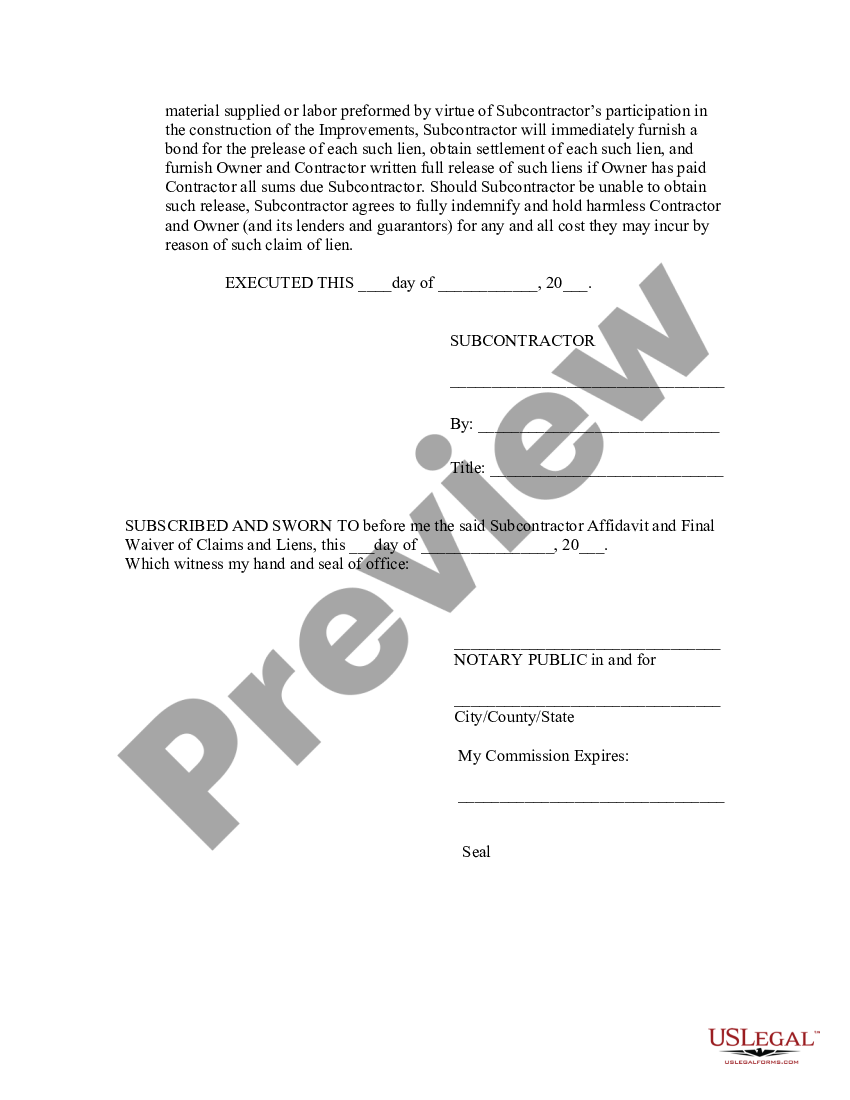 Subcontractor Affidavit and Final Release of Claims and Lien Waiver ...