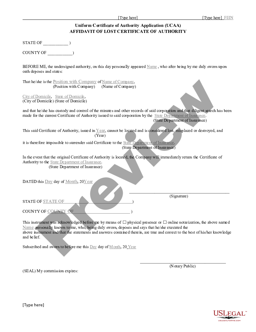 Affidavit of Lost Certificate of Authority | US Legal Forms