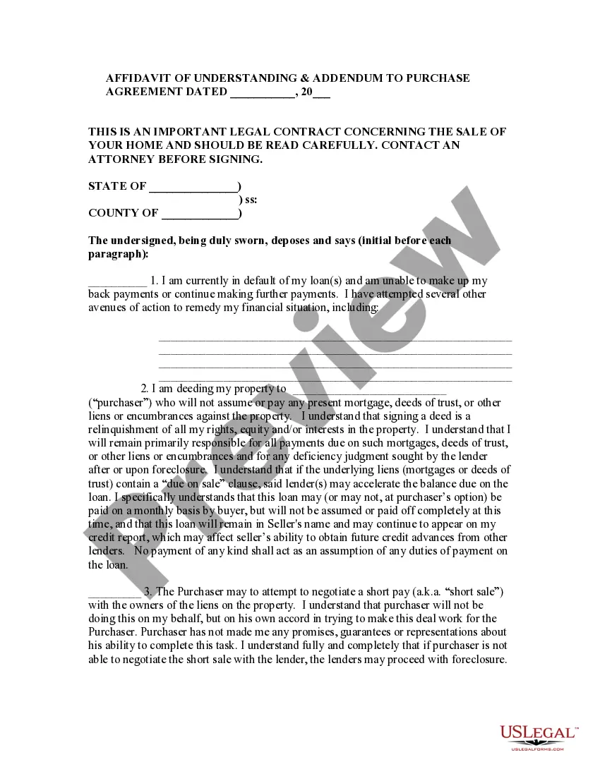 Get Affidavit of Understanding & Addendum to Purchase Agreement Preview Affidavit of Understanding & Addendum to Purchase Agreement