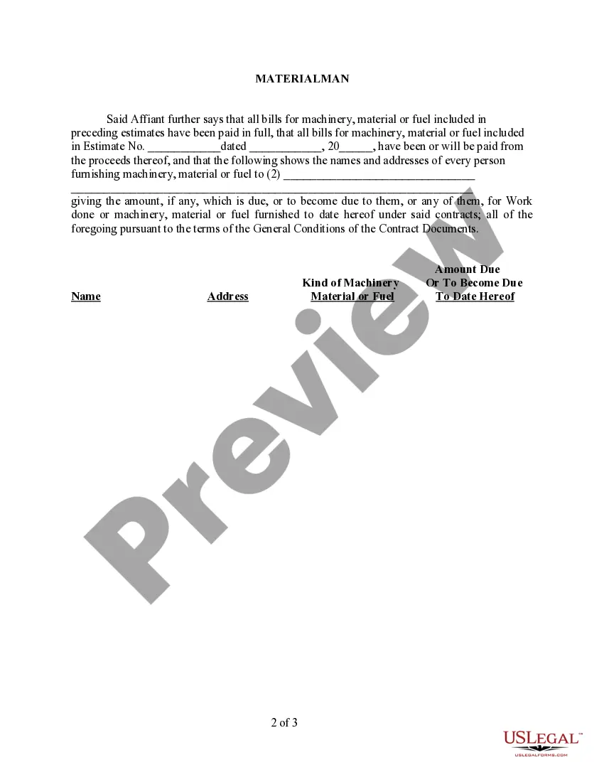 Preview Affidavit of Contractor