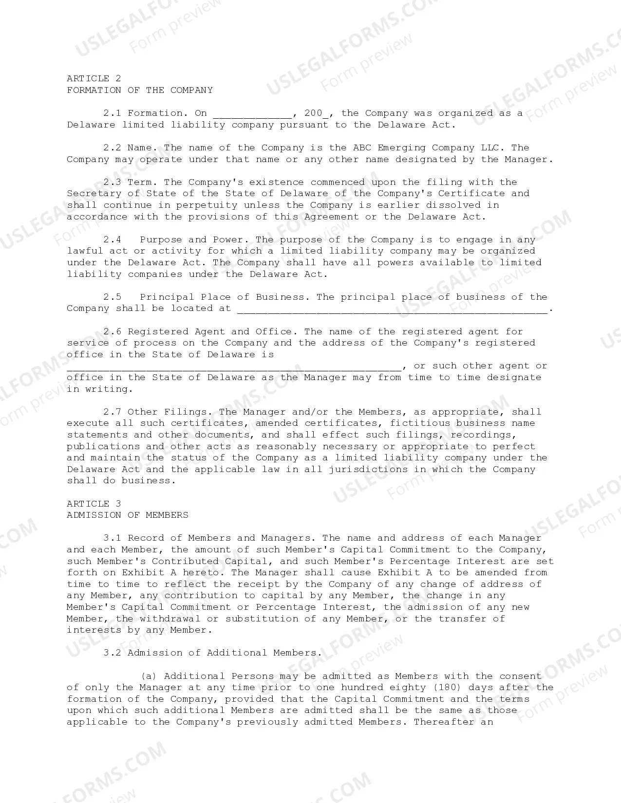 Preview Sample Limited Liability Company LLC General Operating Agreement